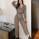 Women's Fashion Streetwear Jumpsuit Autumn V-Neck Pockets Ankle-Length Straight Cargo Pants High Street Wear Sashes Za Overalls