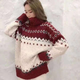 Christmas Gift Women Knitting Sweater Christmas Ferris Wheel New Loose Thicken Warm Turtleneck Color Matching Printed Pullovers