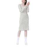 French Style Spring Autumn Women Casual Polka Dot Print A-Line Party Corduroy Dresses Eleagnt Lace-Up Slim  Fashion Vestdios