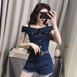 Amfeov Summer Rompers Women Jeans Jumpsuit Off Shoulder 2022 Loose Casual Denim Rompers Womens Jumpsuits Wide Leg Casual Denim Overalls