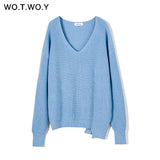 WOTWOY Autumn Winter Basic Knitted Blue White Sweater Women 2021 Fashion Casual V-neck Female Pullovers Korean lady Jumpers
