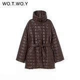 Oversized Cotton Padded Leather Parkas Women Belted Thick Winter Jackets Ladies Casual Solid Warm Coat Female Windbreaker