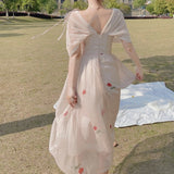 Vintage Flower Fairy Midi Dress Women French Mesh Backless Design Long Dress Female Summer Classy Holiday Beach Party Dress 2021