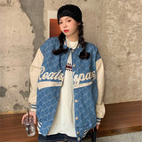Women's Bomber Jacket Embroidery Printing Patchwork Plaid Baseball Uniform Ladies Fashion Loose Streetwear Tooling Couple Coat