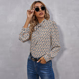 Amfeov Temperament Shirt With Bowknot Autumn New Printed Long-Sleeved Half-High Collar With Women's Commuter Top