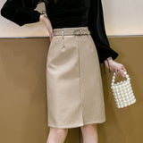 Amfeov Autumn Winter PU Leather Skirt 2022 New Elegant Midi Skirts High Waist Front Split Sheath Wrap Skirts with Belt Female