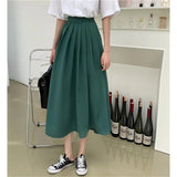 Amfeov Candy-Colored Long Pleated Skirt Women Summer Casual Simple Solid Midi Skirt 2024 A-Line High Waist Skirts Students Streetwear