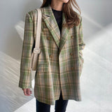 Women Vintage Plaid Blazer Long Sleeve Double-Breasted Jacket Lady Loose Casual Street Wear Suit Autumn Coat