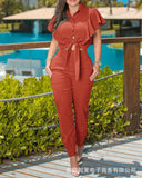 Amfeov 2022 Summer Fashion Women's Suit Short Sleeve Puff Sleeve Top High Waist Slim Pants Elegant Casual Suit Office Lady 2-Piece Set