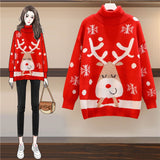 Christmas Gift Women's Large Sizes Snowflake Reindeer Christmas Knitted Sweater Loose Warm Turtleneck Thicken Tops Pullovers