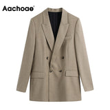 Christmas Gift Aachoae Office Casual Double Breasted Khaki Blazer Suit Women Notched Neck Elegant Blazers Long Sleeve Ladies Tops Outerwear