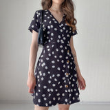 Women Casual Floral Midi Dress Black Short Sleeve V-Neck A-Line Button Small Daisy Print Robe Dress Daily 2021 Summer
