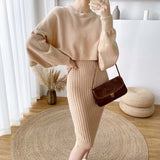 Thanksgiving Day Gifts Vintage Knitted Sweater Suits Autumn Winter Korean Long Sleeve Crop Top Pullovers And Long Vest Dress Knit Two Piece Set Outfits