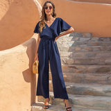 Amfeov Summer Sexy Jumpsuit Women's V-Neck Fashion Temperament Casual High Waist Loose Solid Color