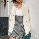 WOTWOY 2021 Office Lady White Blazers Women Autumn Winter Long Sleeve Coats Female Single Button Solid Jacket Woman Pockets New