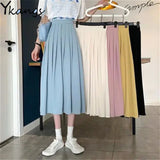 Amfeov Candy-Colored Long Pleated Skirt Women Summer Casual Simple Solid Midi Skirt 2024 A-Line High Waist Skirts Students Streetwear