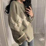 Argyle Sweaters Women Fashion Plaid Sweater Aesthetic Vintage Women Jumpers Autumn Winter Long Sleeve Pull Femme 2022