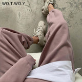 WOTWOY Thickening Fleece Drawstring Sweatpants Women Elastic Waist Autumn Winter Warm Pants Female White Pink Casual Trousers