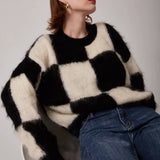 Women Checkerboard High Street Sweaters Casual Autumn Winter O Neck Long Sleeve Knitted Pullover Tops 2021 Femme Fashion Jumper