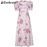 SUCHCUTE Vintage Flower Print Aesthetic Long Dresses For Women 2021 Summer Beachwear Puff Sleeve Pink Casual Holiday Dress