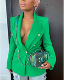Amfeov Elegant Green Red Blazer Women Jacket Coats Long Sleeve Button Blaser Suit Jackets Femme Office Ladies Fashion Jacket Female