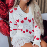 Christmas Gift 2021 Newest Knitted Sweaters Women Hollow Knit Sweater Pullovers Adults Heart Pattern Long Sleeve V-neck Pullover Solid Color