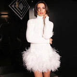 Amfeov Turtleneck Knit Dress Women 2022 Winter Long Sleeve Turtleneck Knit Stitching Feather Dress Bodycon Dress