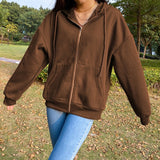 Amfeov Brown New Aesthetic Hoodies Women Vintage Zip Up Sweatshirt Winter Jacket Clothes Pockets Long Sleeve Hooded Pullovers