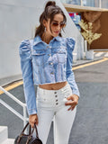 Amfeov  Spring And Autumn Women's Palace Style Fashion Lapel Puff Sleeve Casual Short Denim Jacket
