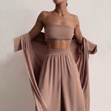 Sexy Women Three Piece Sets Fashion Casual Wrap Solid Tops And Wide Leg Pants Suits Homewear Elegant Soft Female 3 Piece Outfits