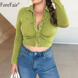Amfeov 2022 Blue Sexy Women Crop Top Y2k V Neck Casual Ruched Long Sleeve Summer Green T Shirt Fashion Female Tee Vintage