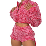 Amfeov 2PCS/Sets Sexy Fluffy Suits Velvet Plush Hooded Sleepwear Shorts+Crop Top Women Tracksuit Casual Sports Set Overalls Sweatshirts