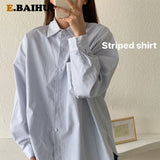 Amfeov Blue Striped Shirts Preppy Ofiice Laies Tops Women Fashion Long Sleeve Autumn Blouses Casual Vintage Button Shirts