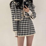 Women's Houndstooth Two-Piece Set Female Korean Sailor Collar Single-Breasted Short Coat and High Waist Bag Hip Mini Skirt Suit