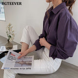BGTEEVER Vintage Turn-down Collar Women Blouse Shirts Autumn Winter Thicken Female Blouse Tops Workwear Purple Shirts 2020