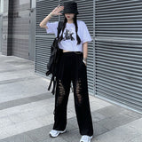 Spring Autumn 2021 High Elastic Waist Black Butterfly print Long HaremTrousers New Loose Fit Pants Women Fashion Tide KZ605