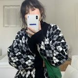 Christmas Gift Women's Knitting Argyle Cardigans Sweater Jackets Single Breasted Long Sleeve Korean Loose Ladies Thicken Outerwear