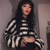 InsGoth Harajuku loose Crop Sweaters Women Gothic Streetwear Striped O-neck Long Sleeve Sweaters Vintage Punk Pullover Autumn