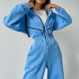 Women Basic Hoodie Jumpsuit Zipper Drawstring Overall High Waist Elasticity Streetwear Tracksuit Rompers Casual One Piece Outfit