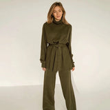Back to School Free Shipping 2022 Fall Turtleneck Loose Knit Suit Women's Casual Long Sleeve Belt Lace Pullover & Straight Pants Two-Piece Set