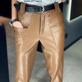 Beyouare Faux Leather Trousers Vintage Casual PU Women High Waist Big Pockets Straight Pant 2020 Autumn Elegant Lady Pant Capris