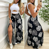 Amfeov Summer Suit Women Solid Cut-Out Tank Top & Tropical Print Split Wide Leg Pants Set