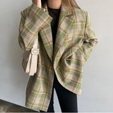 Amfeov Women Vintage Plaid Blazer Long Sleeve Double-Breasted Jacket Lady Loose Casual Street Wear Suit Autumn Coat