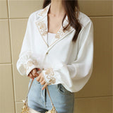 QoerliN Vintage Blouses 2020 Elegant Lapel Flower Embroidery Korean OL Shirt Women Single-Breasted Loose Tops Plus Size 2XL