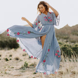 Embroidered Women Maxi Dress V-Neck Batwing Sleeve Loose Oversize Summer Dresses Drawstring Waist Boho Beach Vestidos