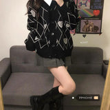 Christmas Gift Deeptown Harajuku Black Knitted Cardigan Heart Print Knitwear Women Goth Long Sleeve Sweater Autumn Winter Korean 2021 Fashion