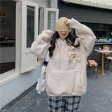 Amfeov Christmas Gift Deeptown Pocket Bear Hoodie Women Long Sleeve Kawaii Sweatshirt Korean Style Winter 2024 Fashion Thick Oversized Cute Tops Kpop