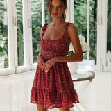 Amfeov Foridol Ruched Lace Up Red Summer Dress Female Spaghetti Strap Chiffon Beach Dress Vintage Boho Floral Print Short Sundress 2022