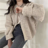2022 Fall Winter Solid Color Retro Jumper Stand-up Collar Long Sleeve Zipper Sweater Jacket Women All Match Loose Knit Cardigan