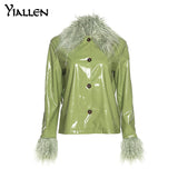 Yiallen Solid New Hipster Coat Women Patchwork Faux PU Leather Feathers High Street Style Hipster Long Sleeve Hot Streetwear